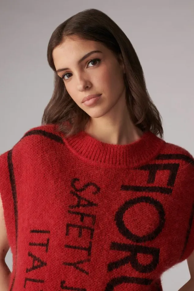 WomenMen Fiorucci Unisex Safety Jeans Knit Jumper Vest Red Red WomenMen Fiorucci Unisex Safety Jeans Knit Jumper Vest Red Red