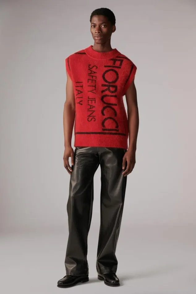 WomenMen Fiorucci Unisex Safety Jeans Knit Jumper Vest Red Red WomenMen Fiorucci Unisex Safety Jeans Knit Jumper Vest Red Red