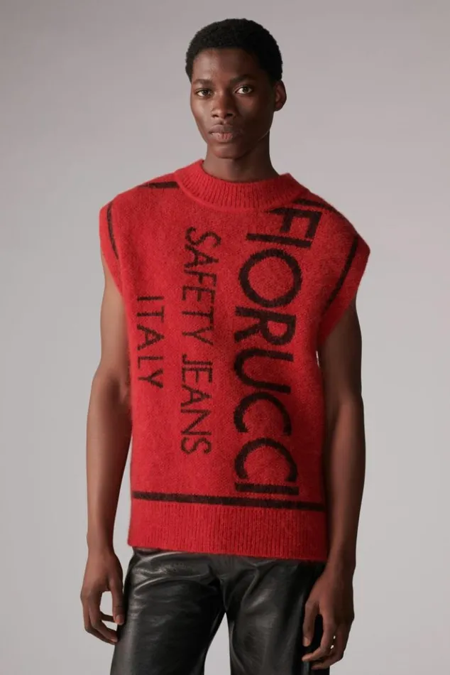 WomenMen Fiorucci Unisex Safety Jeans Knit Jumper Vest Red Red WomenMen Fiorucci Unisex Safety Jeans Knit Jumper Vest Red Red