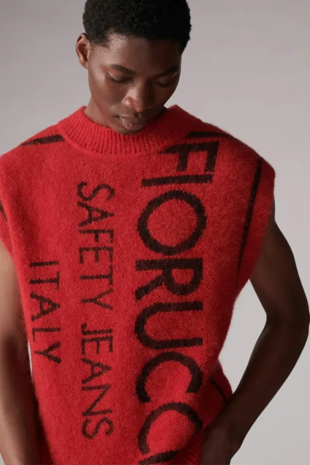 WomenMen Fiorucci Unisex Safety Jeans Knit Jumper Vest Red Red WomenMen Fiorucci Unisex Safety Jeans Knit Jumper Vest Red Red