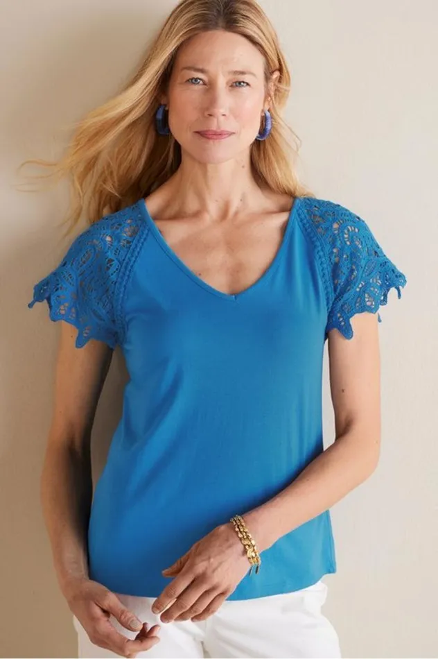 Women Nikita Lace Sleeve Tee French Blue Soft Surroundings Tops