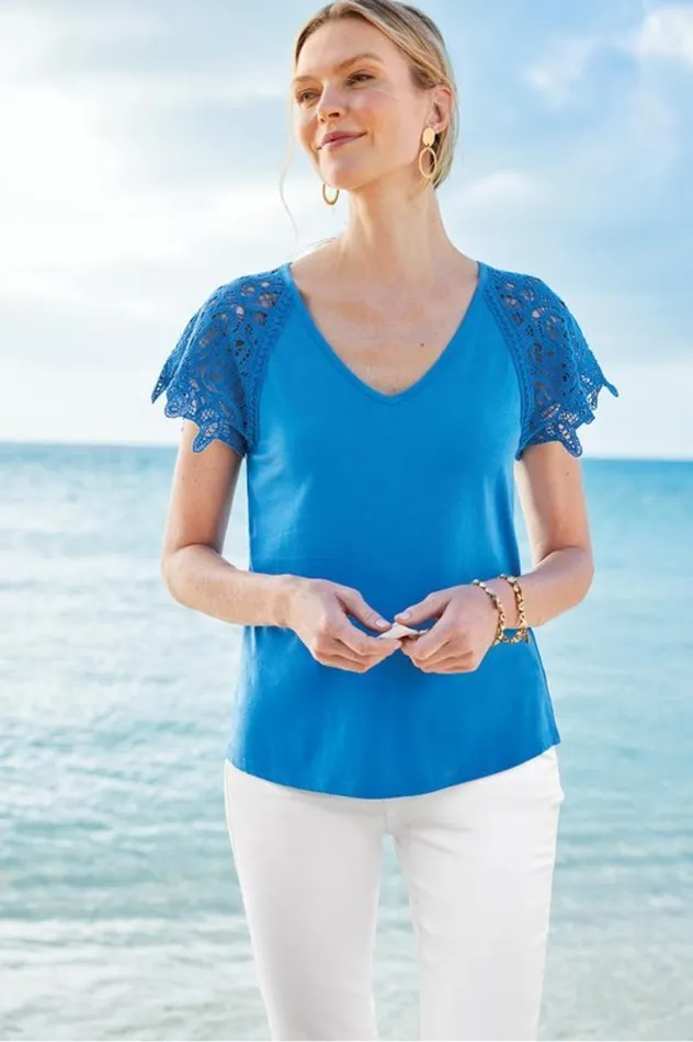 Women Nikita Lace Sleeve Tee French Blue Soft Surroundings Tops Women Nikita Lace Sleeve Tee French Blue Soft Surroundings Tops