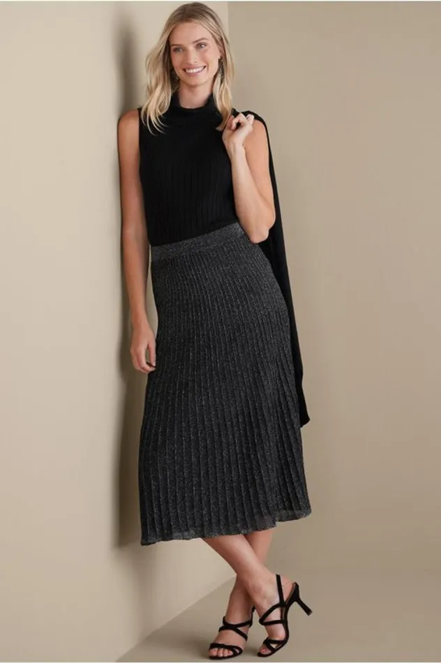 Women Nisha Knit Pleated Skirt Blacksilver Soft Surroundings Skirts