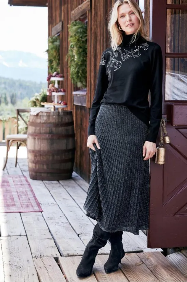 Women Nisha Knit Pleated Skirt Blacksilver Soft Surroundings Skirts Women Nisha Knit Pleated Skirt Blacksilver Soft Surroundings Skirts