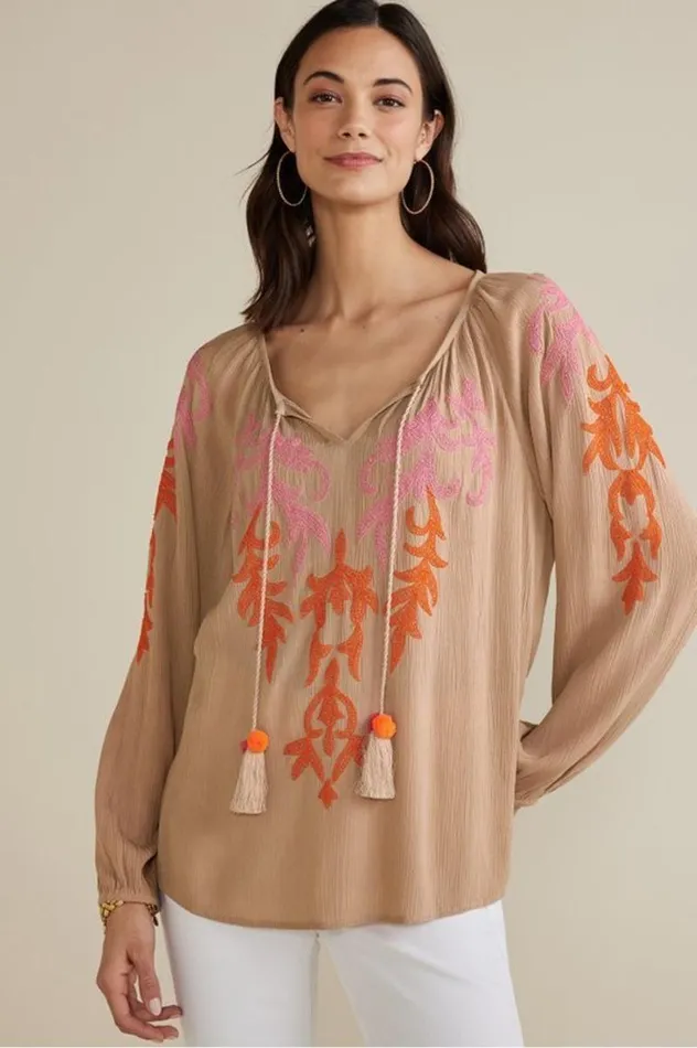 Women Noura Embroidered Gauze Pullover Sesame Soft Surroundings Tops