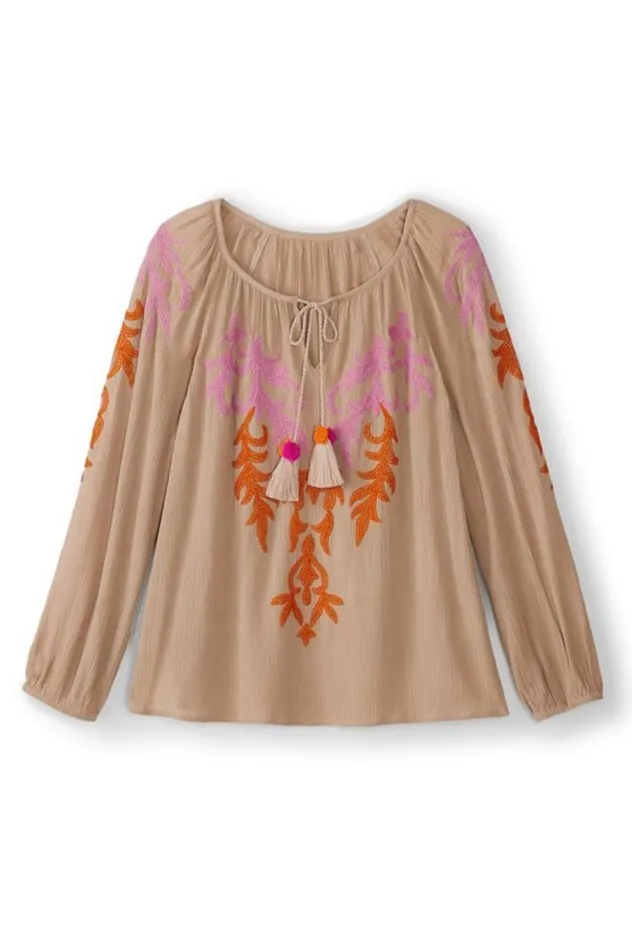 Women Noura Embroidered Gauze Pullover Sesame Soft Surroundings Tops Women Noura Embroidered Gauze Pullover Sesame Soft Surroundings Tops