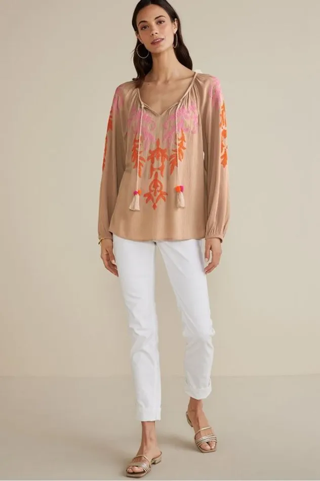 Women Noura Embroidered Gauze Pullover Sesame Soft Surroundings Tops Women Noura Embroidered Gauze Pullover Sesame Soft Surroundings Tops