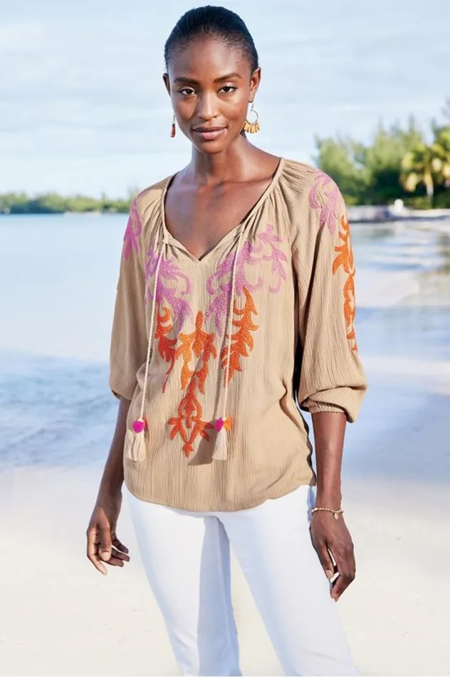 Women Noura Embroidered Gauze Pullover Sesame Soft Surroundings Tops Women Noura Embroidered Gauze Pullover Sesame Soft Surroundings Tops