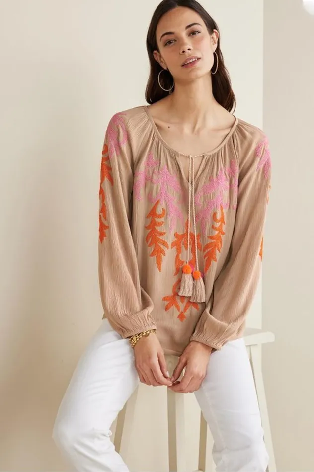 Women Noura Embroidered Gauze Pullover Sesame Soft Surroundings Tops Women Noura Embroidered Gauze Pullover Sesame Soft Surroundings Tops