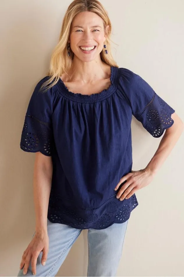 Women Rahma Eyelet Trimmed Tee Navy Soft Surroundings Tops