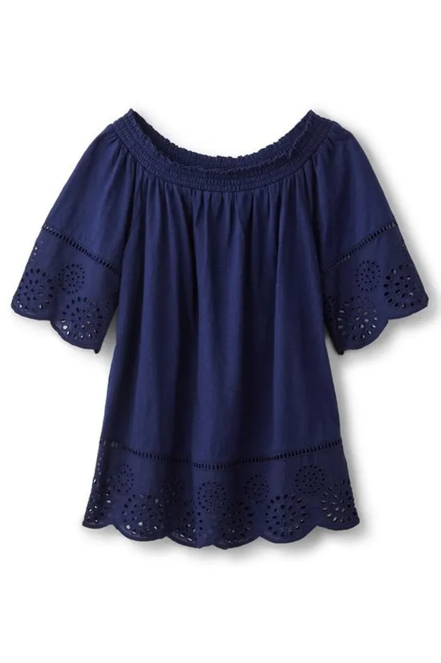 Women Rahma Eyelet Trimmed Tee Navy Soft Surroundings Tops Women Rahma Eyelet Trimmed Tee Navy Soft Surroundings Tops