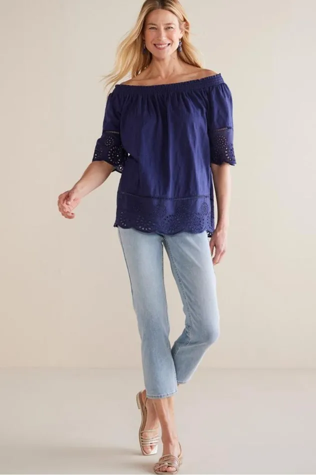 Women Rahma Eyelet Trimmed Tee Navy Soft Surroundings Tops Women Rahma Eyelet Trimmed Tee Navy Soft Surroundings Tops
