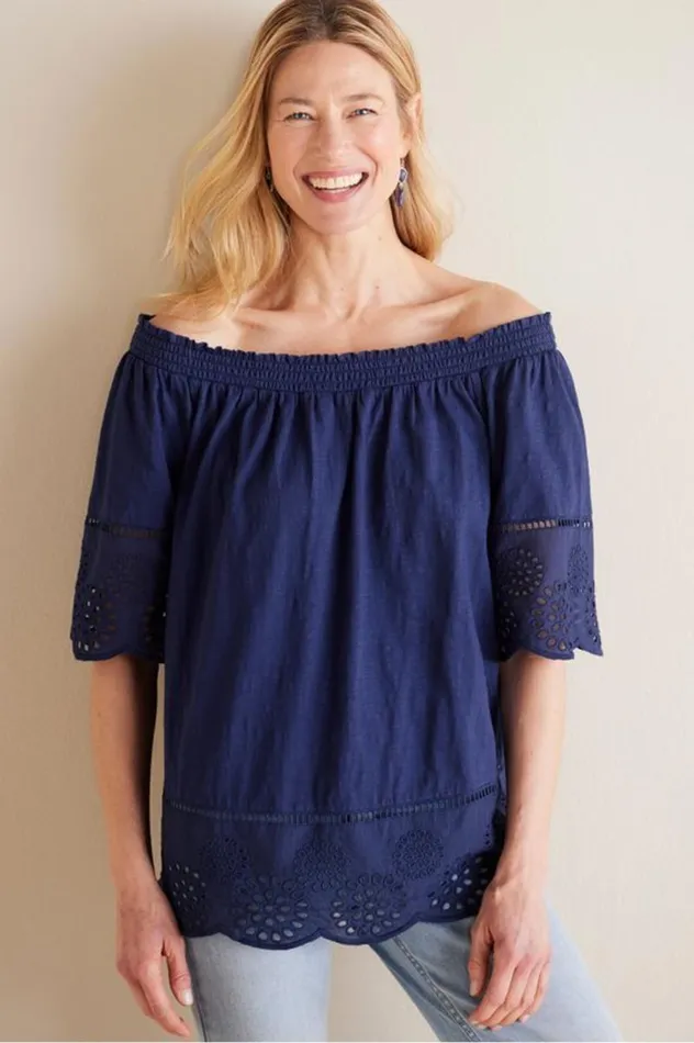 Women Rahma Eyelet Trimmed Tee Navy Soft Surroundings Tops Women Rahma Eyelet Trimmed Tee Navy Soft Surroundings Tops