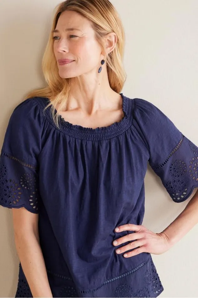 Women Rahma Eyelet Trimmed Tee Navy Soft Surroundings Tops Women Rahma Eyelet Trimmed Tee Navy Soft Surroundings Tops