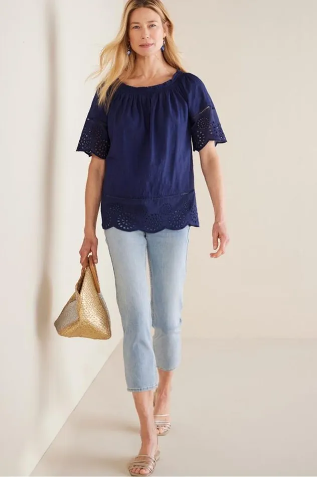 Women Rahma Eyelet Trimmed Tee Navy Soft Surroundings Tops Women Rahma Eyelet Trimmed Tee Navy Soft Surroundings Tops
