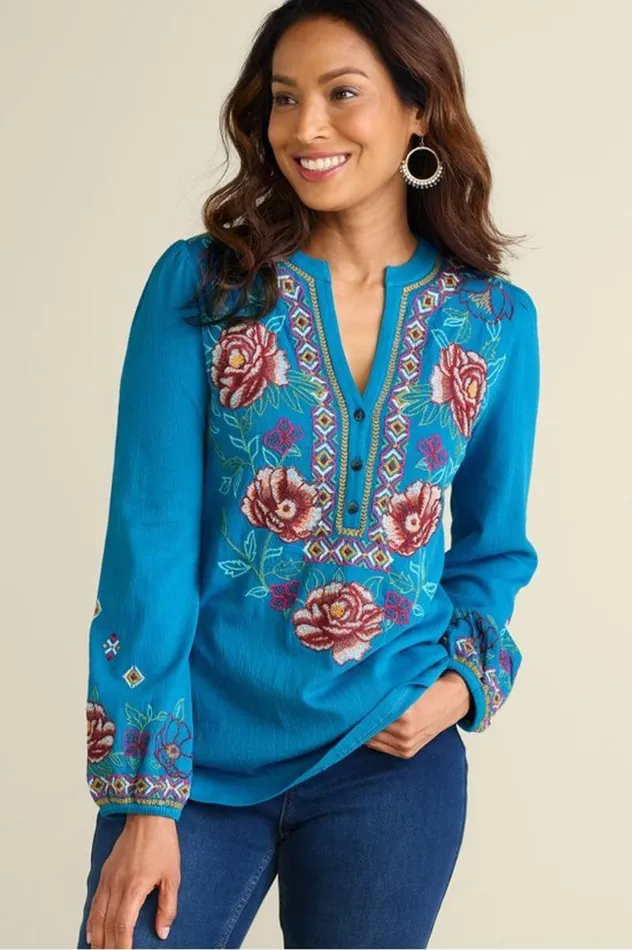 Women Riva Embroidered Knit Gauze Top Blue Sapphire Soft Surroundings Tops Women Riva Embroidered Knit Gauze Top Blue Sapphire Soft Surroundings Tops