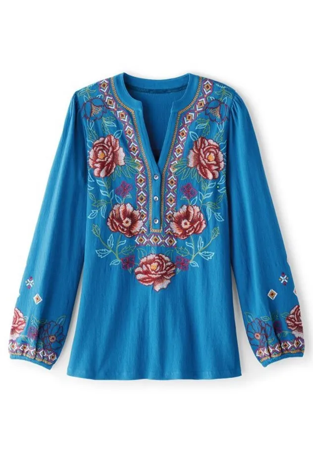 Women Riva Embroidered Knit Gauze Top Blue Sapphire Soft Surroundings Tops Women Riva Embroidered Knit Gauze Top Blue Sapphire Soft Surroundings Tops