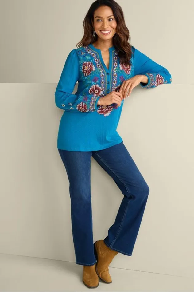 Women Riva Embroidered Knit Gauze Top Blue Sapphire Soft Surroundings Tops Women Riva Embroidered Knit Gauze Top Blue Sapphire Soft Surroundings Tops