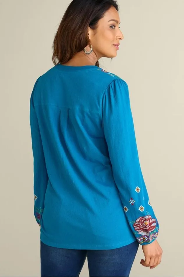 Women Riva Embroidered Knit Gauze Top Blue Sapphire Soft Surroundings Tops Women Riva Embroidered Knit Gauze Top Blue Sapphire Soft Surroundings Tops