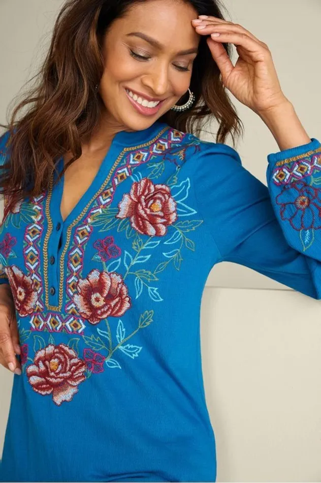 Women Riva Embroidered Knit Gauze Top Blue Sapphire Soft Surroundings Tops Women Riva Embroidered Knit Gauze Top Blue Sapphire Soft Surroundings Tops