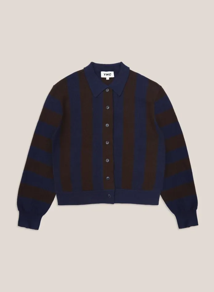 Womens Knitwear YMC Rat Pack Stripe Pique Wool Cardigan Blue Brown