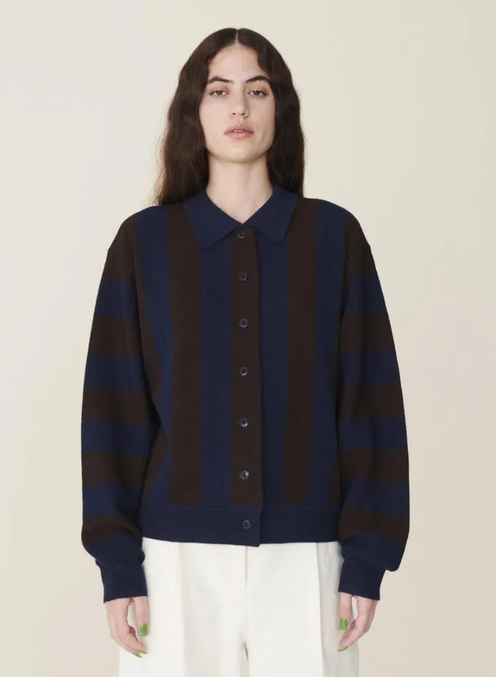 Womens Knitwear YMC Rat Pack Stripe Pique Wool Cardigan Blue Brown