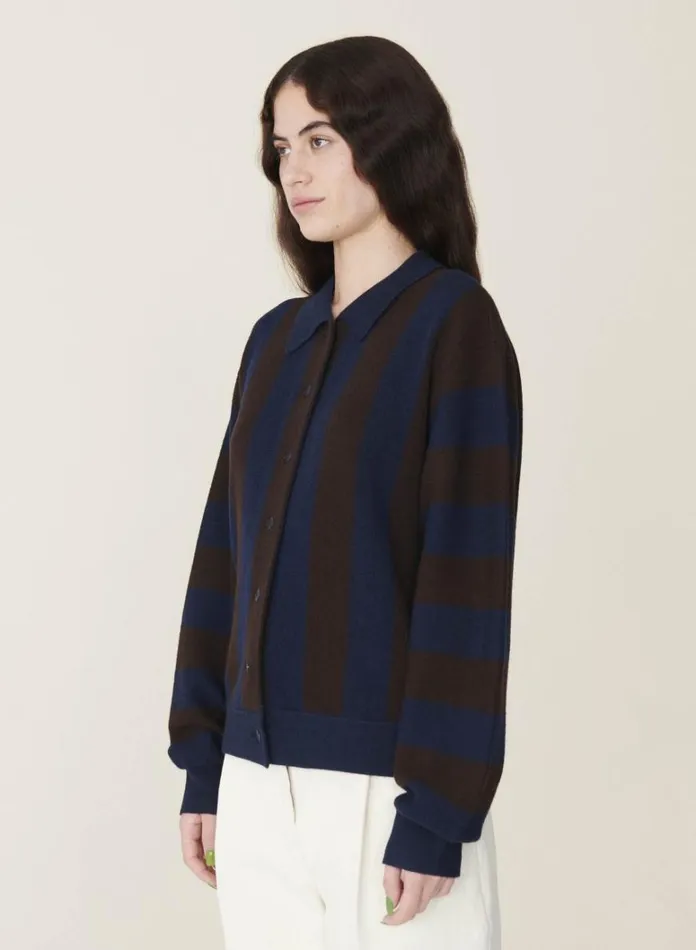 Womens Knitwear YMC Rat Pack Stripe Pique Wool Cardigan Blue Brown