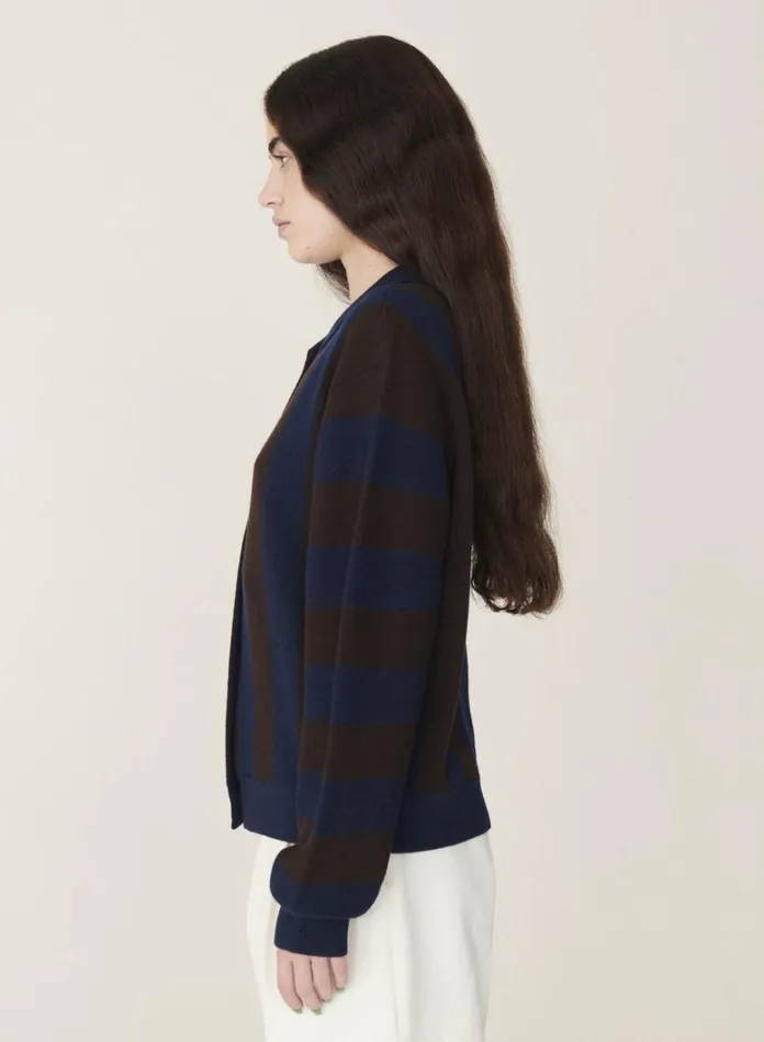 Womens Knitwear YMC Rat Pack Stripe Pique Wool Cardigan Blue Brown