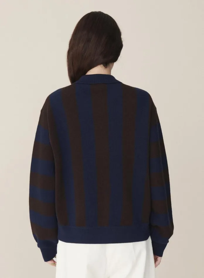 Womens Knitwear YMC Rat Pack Stripe Pique Wool Cardigan Blue Brown