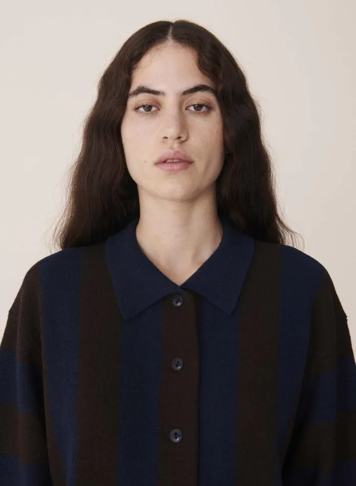 Womens Knitwear YMC Rat Pack Stripe Pique Wool Cardigan Blue Brown
