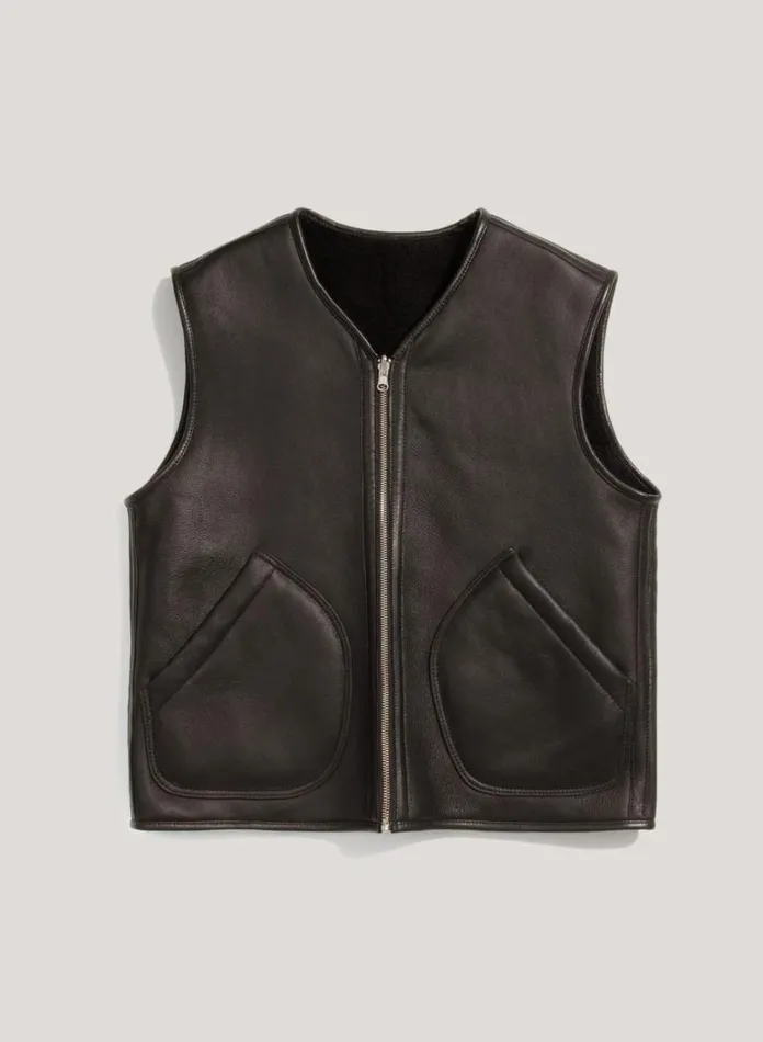 Womens Outerwear YMC Wyatt Reversible Leather Gilet Black
