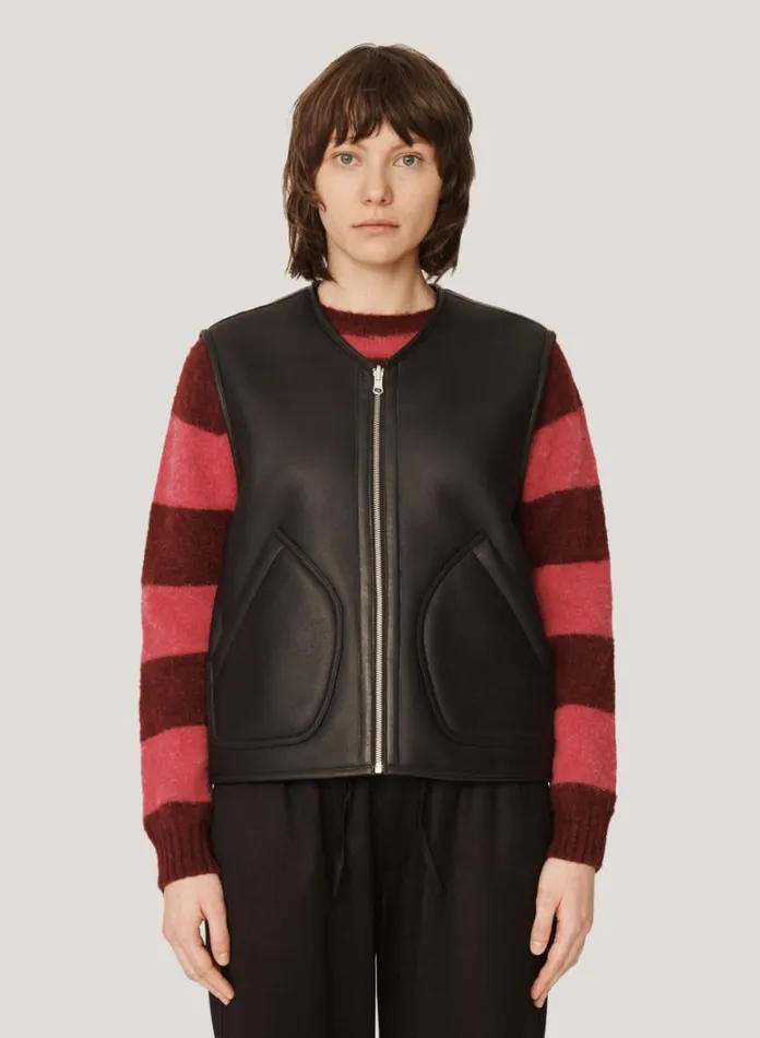 Womens Outerwear YMC Wyatt Reversible Leather Gilet Black