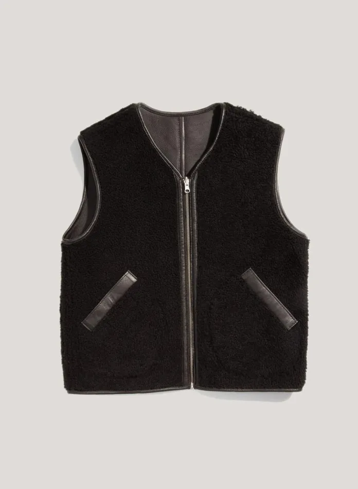 Womens Outerwear YMC Wyatt Reversible Leather Gilet Black