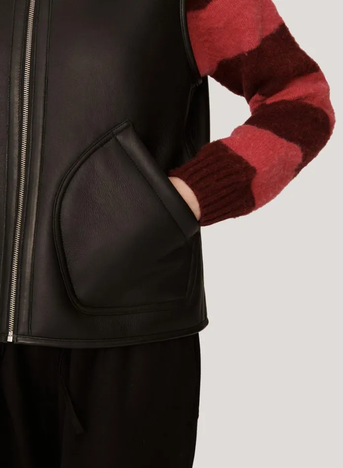 Womens Outerwear YMC Wyatt Reversible Leather Gilet Black