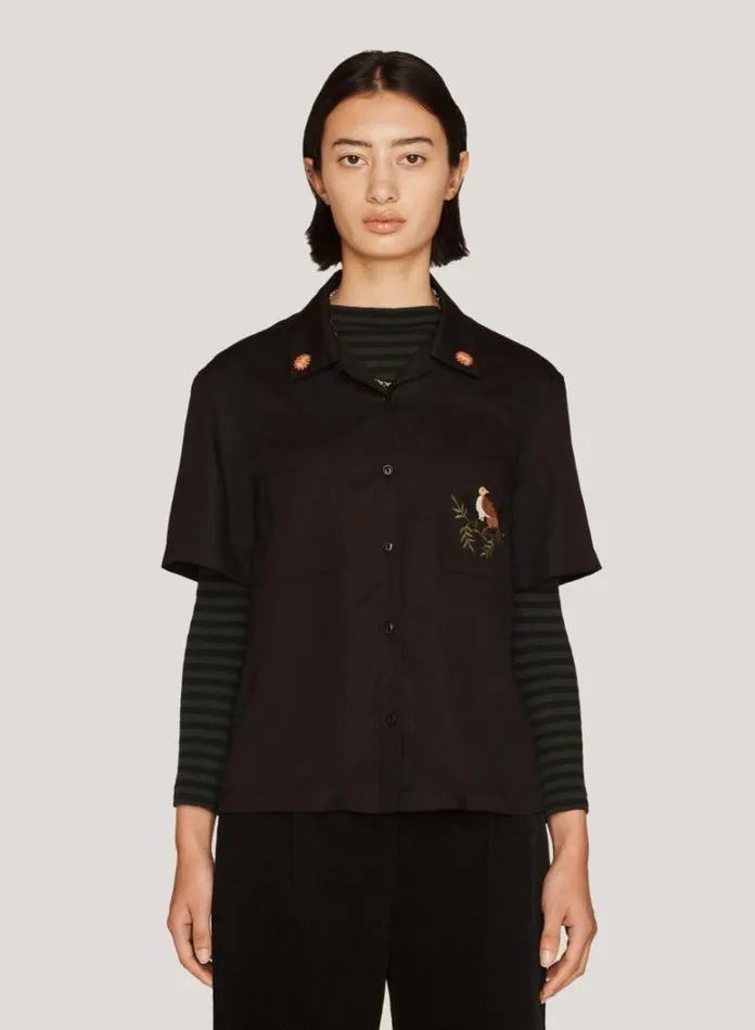 Womens Shirts YMC Vegas Embroidered Short Sleeve Shirt Black
