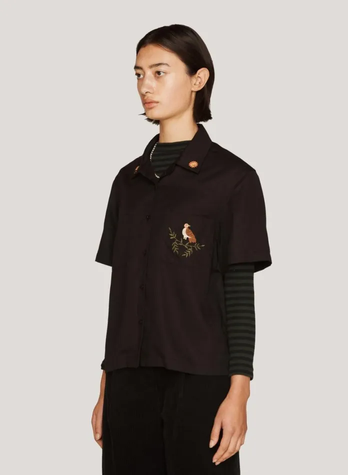Womens Shirts YMC Vegas Embroidered Short Sleeve Shirt Black