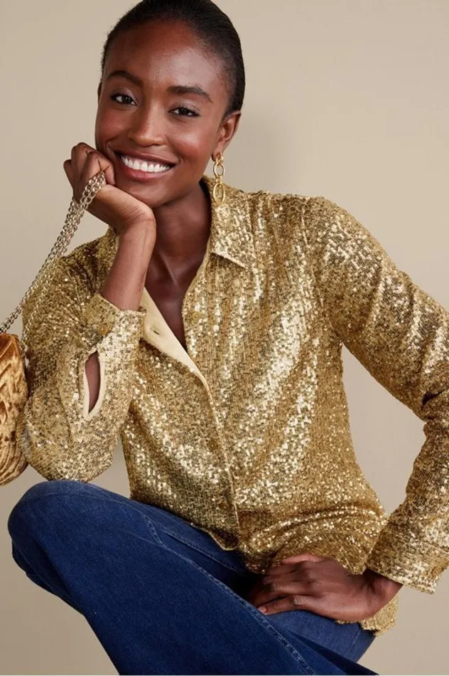 Women Sancerre Sequin Shirt Gold Sequin Soft Surroundings Tops