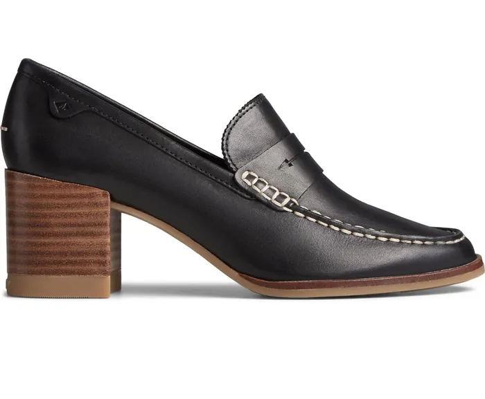 Women Seaport Penny Heel Leather Loafer Black Sperry Flats and Loafers