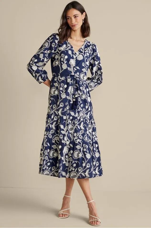 Women Tilda Embroidered Midi Dress Navy Soft Surroundings Dresses