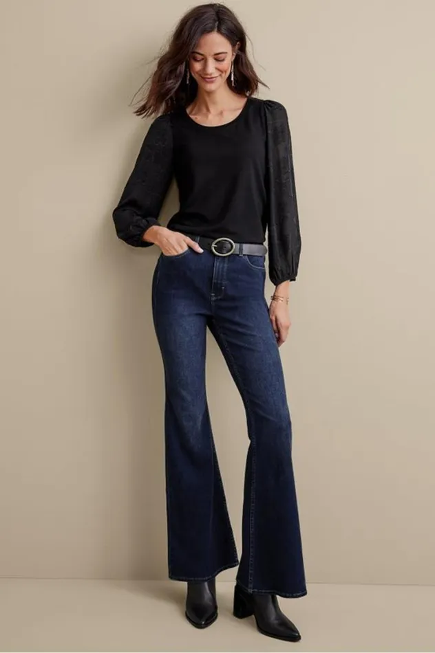 Women Ultimate Denim Flare Jeans Tidal Blue Wash Soft Surroundings Jeans