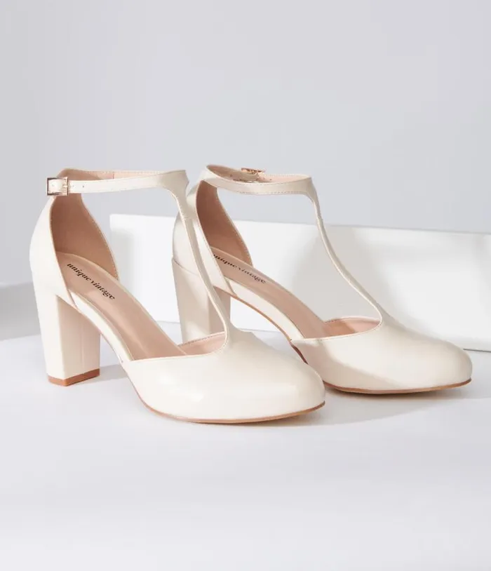 1920s Beige Leatherette TStrap Astaire Pumps Shoes Unique Vintage Heels