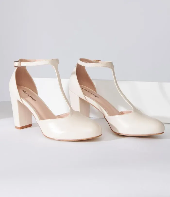 1920s Beige Leatherette TStrap Astaire Pumps Shoes Unique Vintage Heels
