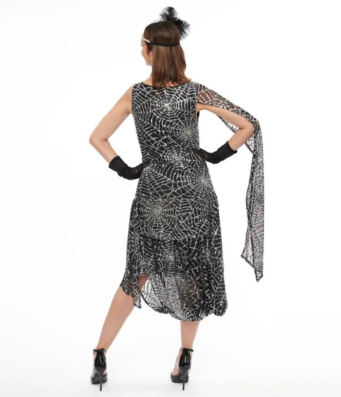1920s Black and Silver Sequin Spider Web Draped Flapper Dress Halloween Unique Vintage Dresses