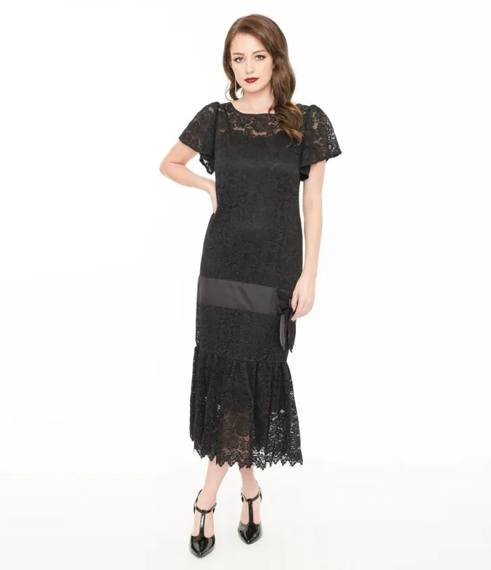 1920s Black Floral Lace and Bow Flapper Dress Dresses Unique Vintage Midi