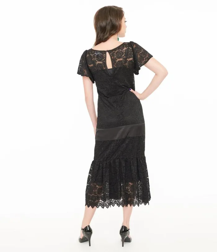 1920s Black Floral Lace and Bow Flapper Dress Dresses Unique Vintage Midi