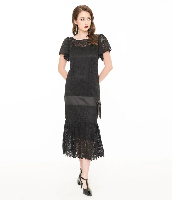 1920s Black Floral Lace and Bow Flapper Dress Dresses Unique Vintage Midi