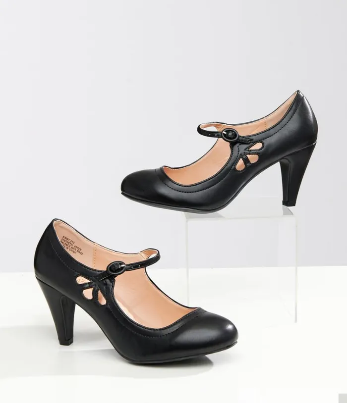 1920s Black Leatherette Mary Jane Heels Shoes Unique Vintage Heels
