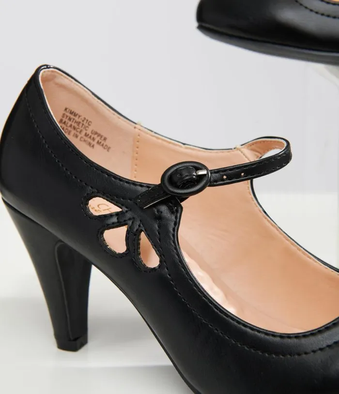 1920s Black Leatherette Mary Jane Heels Shoes Unique Vintage Heels