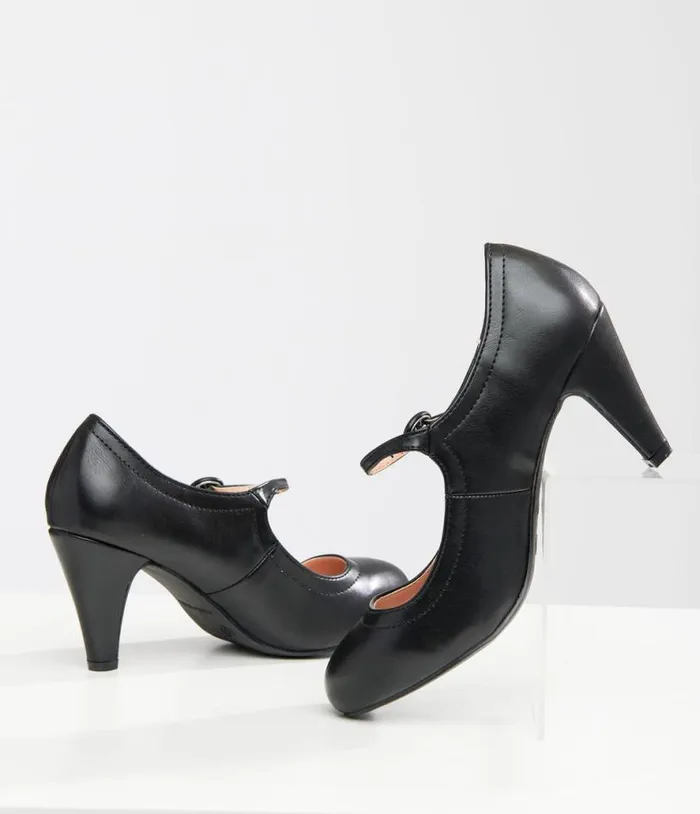 1920s Black Leatherette Mary Jane Heels Shoes Unique Vintage Heels