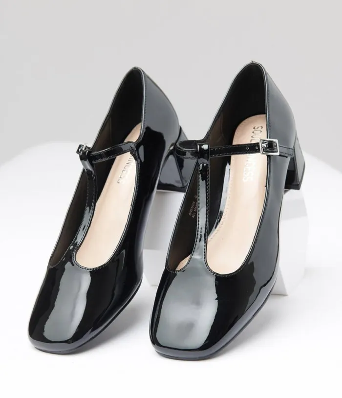 1920s Black Patent Leatherette TStrap Heels Shoes Unique Vintage Heels